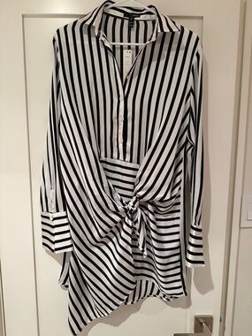 Aqua Black & White Vertical Stripe Collared dress. Size small never worn.